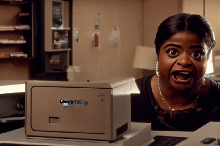 Image similar to cinematic screenshot of octavia spencer in a used electronics store standing in front of an old keyboard, iconic scene from the paranoid sci fi thriller film directed by stanley kubrick, apartment set in the near future, cinematic shot with anamorphic lenses, color theory, apartment design, leading lines, photorealistic, volumetric lighting