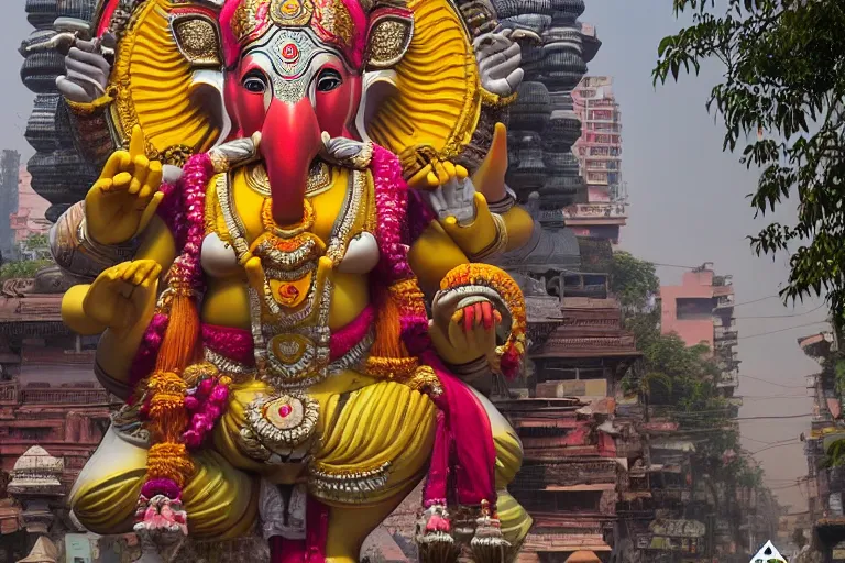 Image similar to beautiful futuristic new delhi, sharp technopunk ganesha!! building, kalighat flowers, highly detailed, stephen shore & john j. park, cinematic morning light, wide shot, ground angle, uhd 8 k, sharp focus