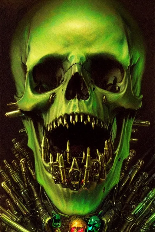 Prompt: extreme close up metal skull with bullets for teeth glowing green portal behind it portrait dnd, painting by gaston bussiere, craig mullins, greg rutkowski, yoji shinkawa