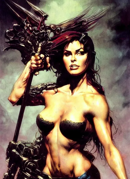 Image similar to portrait of female chaos angel, beautiful! coherent! by frank frazetta, by brom, strong line, deep color, armor, volumetric hair, high contrast, maximalist