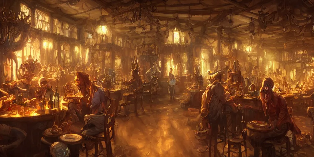 Image similar to busy tavern scene, Ultra realistic, intricate, mysterious, cinematic, Victorian, by Tony Sart and Anato Finnstark, 4k, 8k, illustration, concept art, photorealistic, award winning on Artstation, deviantart