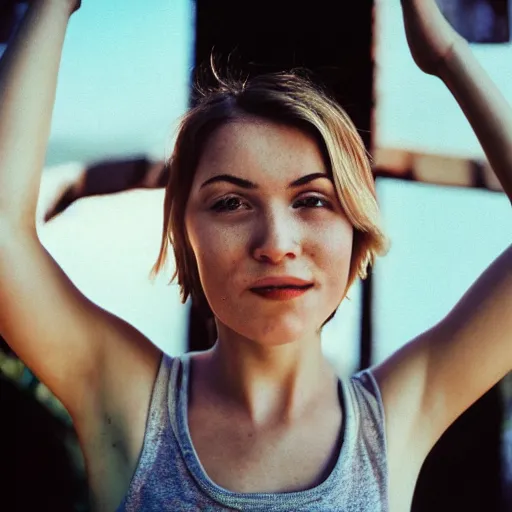Prompt: razorfree beautiful young woman, short hair, tank top, arms raised above her head, cottagexore, portrait photography, portra 800