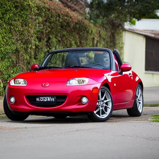 Prompt: 105mm photo of car full view mid distance photograph red Mazda Miata parked on street from 2010