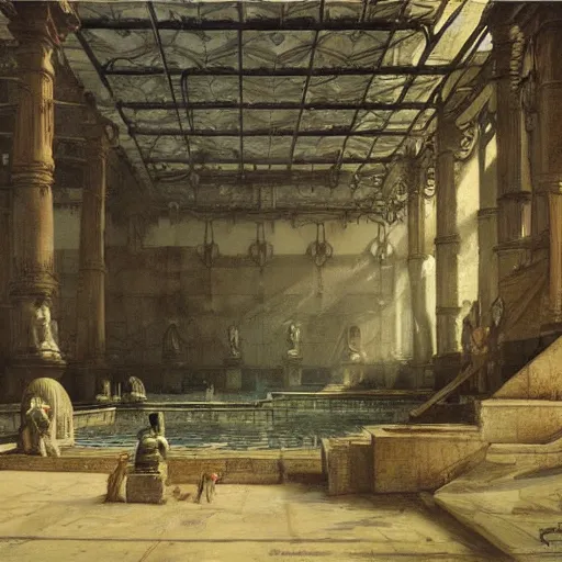Prompt: painting of a scifi ancient civilzation victorian swimming pool, hr giger andreas achenbach