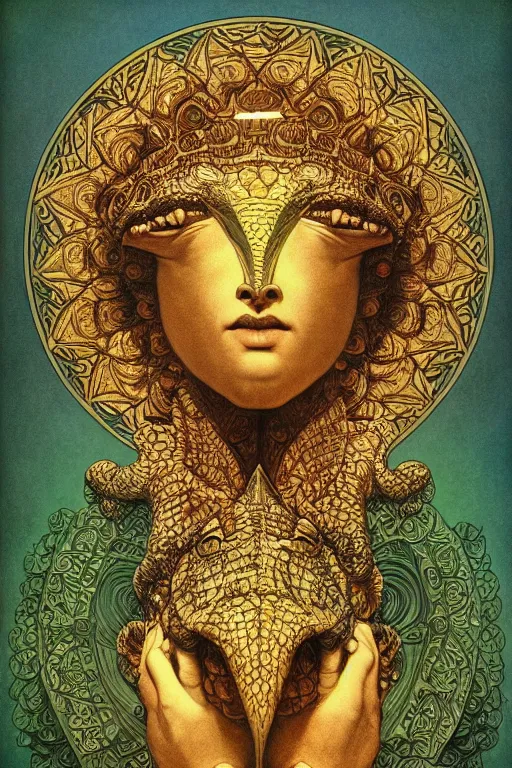 Image similar to beautiful crocodile headed god by maxfield parrish, mandala, coherent design, digital watercolor ink illustration painting, extremely dull colors, golden ratio, detailed, sharp lines, sharp focus, intricate, artgerm, gustave dore, alphonse mucha, octane render