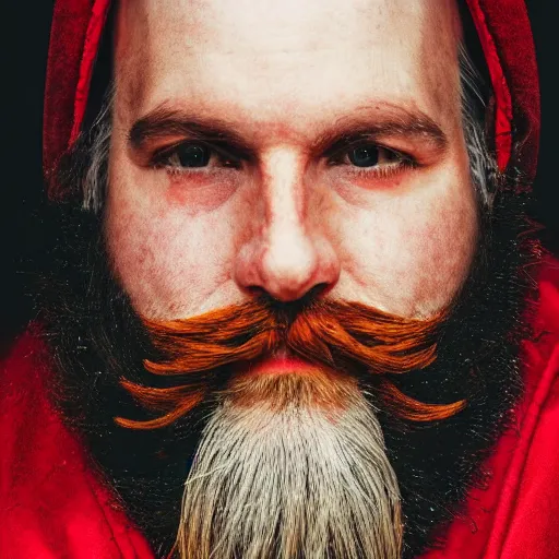 Image similar to a man with a long black beard in a red robe, portrait, realism, cyberpunk, manly beard