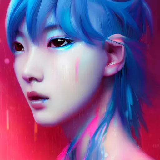 Prompt: a digital painting of choi sora in the rain with blue hair, cute - fine - face, pretty face, cyberpunk art by sim sa - jeong, cgsociety, synchromism, detailed painting, glowing neon, digital illustration, perfect face, extremely fine details, realistic shaded lighting, dynamic colorful background