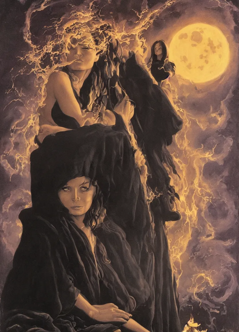 Image similar to portrait of a young witch in a black robe sitting on the ground next to a fire, full moon in the sky overhead, detailed face, highly detailed, by frank frazetta and boris vallejo