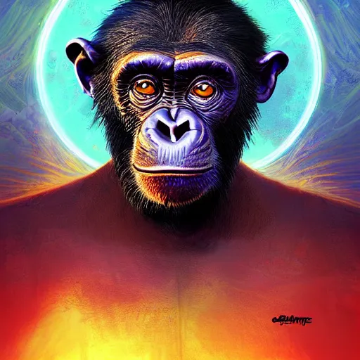 Prompt: portrait of a noble chimpanzee as a paladin in full shining armor with huge beautiful glowing eyes, digital painting, intricate detail, vivid color, neon color, artwork by chris mars + fintan magee + ross tran