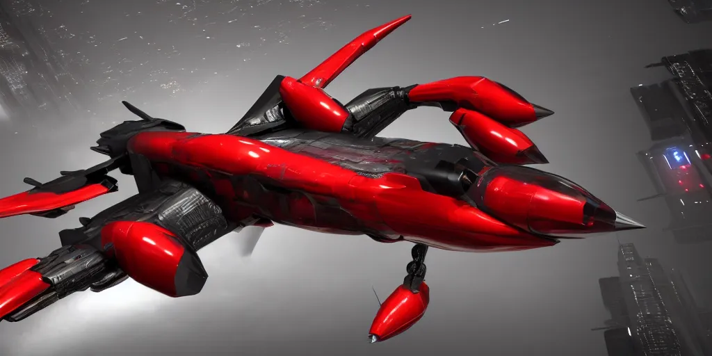 Image similar to cyberpunk concept inspired jet, futuristic look, highly detailed body, aerodynamic body, photorealistic camera shot, bright studio setting, studio lighting, crisp quality and light reflections, unreal engine 5 quality render, red and black tones