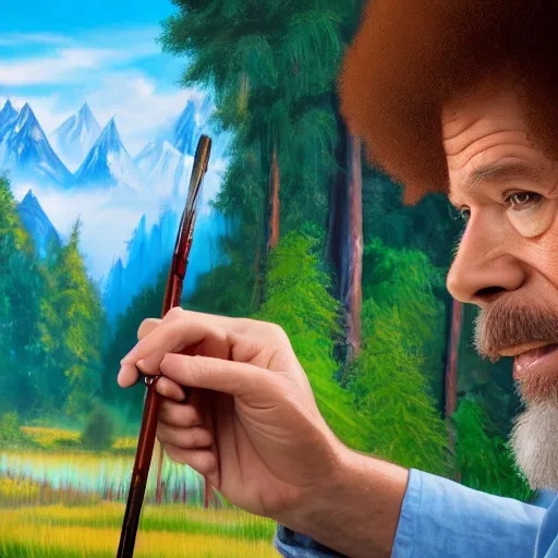 Image similar to a closeup photorealistic photograph of bob ross painting an image of iron man on a canvas. mountains and trees. film still. brightly lit scene. this 4 k hd image is trending on artstation, featured on behance, well - rendered, extra crisp, features intricate detail, epic composition and the style of unreal engine.