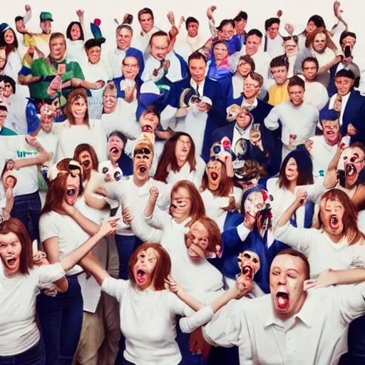 Prompt: incredible absurd energetic advertisement for milk, baffling celebration of the production and consumption of milk, milk food fight, studio photograph of a group of people drinking milk