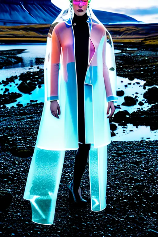 Image similar to an ultra high definition professional high fashion portrait studio full length photograph of a model wearing a transparent pearlescent raincoat and neon visor in an icelandic black rock environment at dawn. no artefacts. extremely detailed. stark. refraction. shallow depth of field. volumetric light and shadow. ray tracing. light rays.