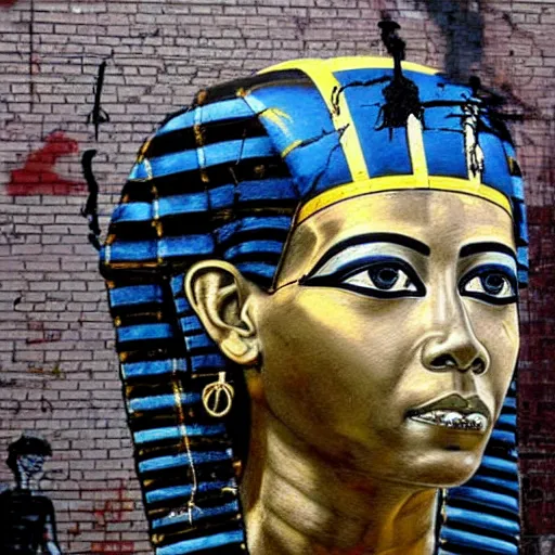 Image similar to a graffiti portrait of king tutankhamen, street art, highly detailed by banksy