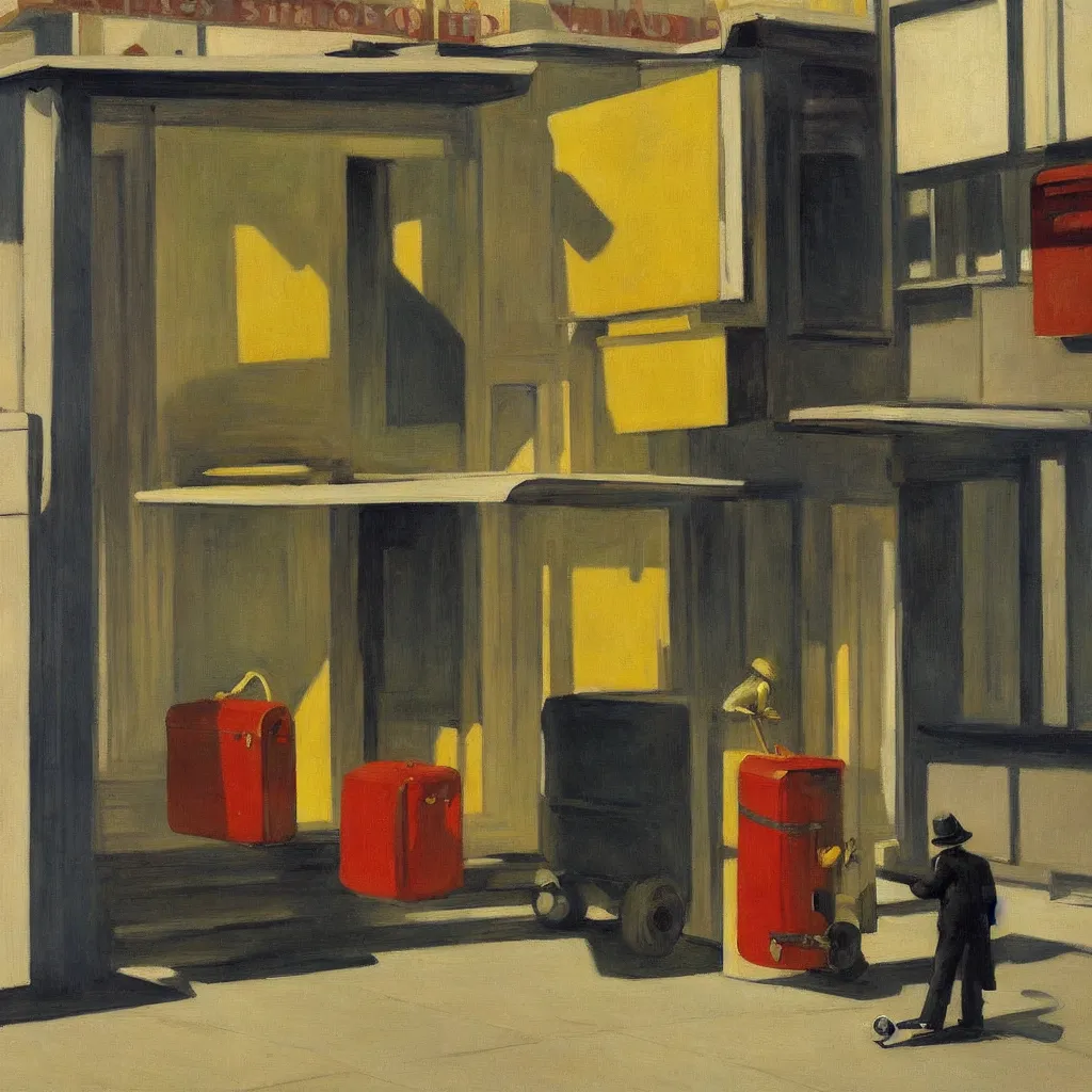 Image similar to a painting of a tin can robot with luggage in new york by Edward Hopper