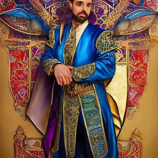 Prompt: photography of charming tailor of middle - eastern descent, dressed in fine colorful robes and jewelry over fantasy armor, goatee, smirking, holding a magic needle, fantasy art by barret frymire by artem priakhin, art by artgerm and greg rutkowski and alphonse mucha, artstation, matte, illustration, intricate, highly - detailed high resolution