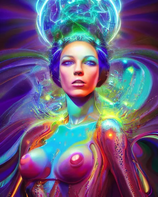 Image similar to a powerful energy psychedelic woman, by alexander fedosav, hyper detailed digital matte painting, concept art, hyperrealism, 1 6 k resolution, cinema 4 d, 8 k resolution, trending on artstation, behance hd, a masterpiece, by stephan martiniere, particles, cel - shaded, power bright neon energy, by david a. hardy,