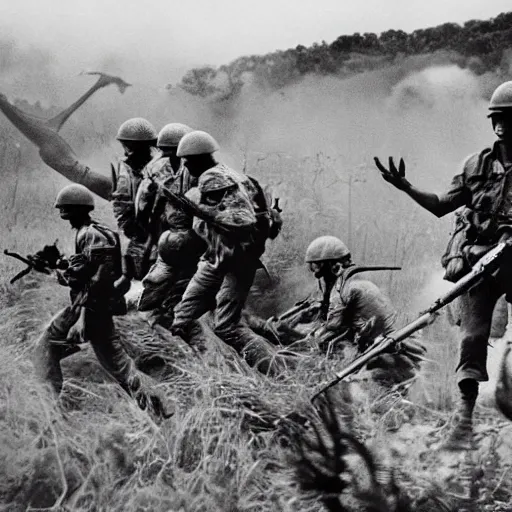 Image similar to dinosaurs in the vietnam war fighting alongside us soldiers in the vietnam war, black and white, eddie adams, david burnett, robert capa, al chang, niel davis, marc riboud