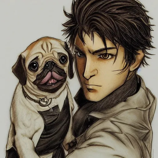 Image similar to self portrait, young white hispanic handsome man with short light brown hair and light skin and a 5 o clock shadow and holding a pug while fighting against 2 swordsmen pencil art, added detail, high definiton, colored, backfacing, illustrated by yoji shinkawa