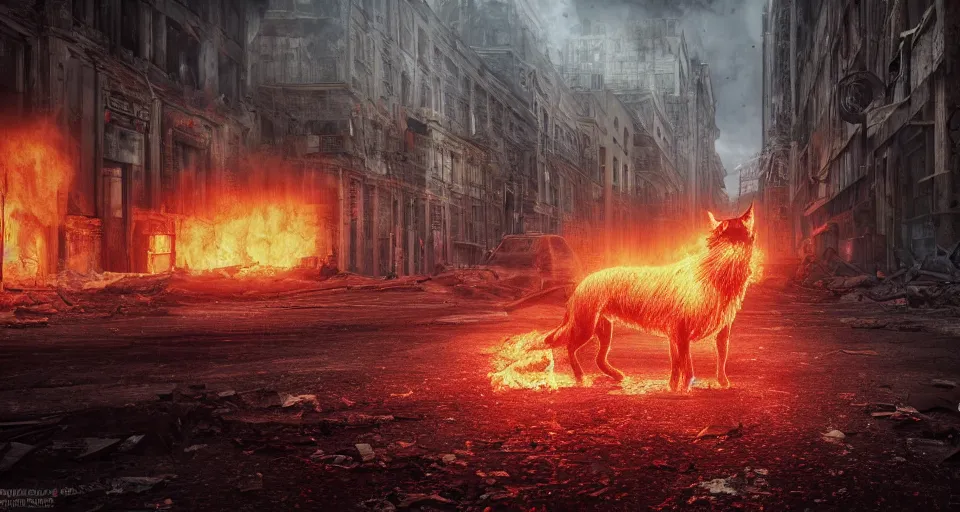 Image similar to A beautiful hyperrealistic ultradetailed matte painting of a demonic Hellhound on fire standing in the middle of city street at night in an abandoned post-apocalyptic city, unreal engine, deviant art, flickr, artstation, octane render, textured, colorful, hyperrealistic, physically based rendering, pbr render, very detailed, volumetric lighting, octane render, 4k, cinematic, 8k resolution,