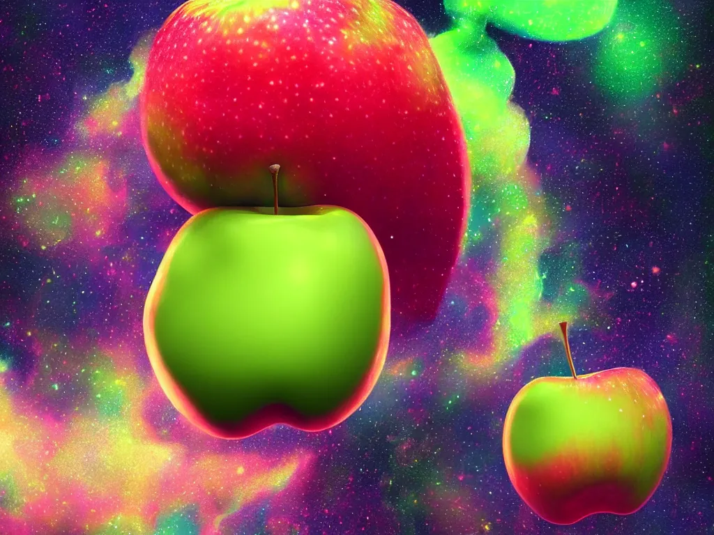 Image similar to Psychedelic portrait of a Granny Smith apple with google eyes floating in space wearing a top hat , volumetric lighting, artstation, digital painting, very high detail, hyperrealistic, vivid color