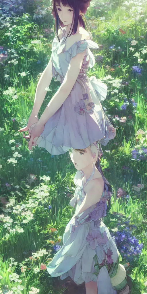 Image similar to a depressed digital art, loli in dress, garden, green and warm theme, blue accents, back lighting, highly detailed, 4 k resolution, trending on art station, by krenz cushart and mucha and akihito yoshida and greg rutkowski and makoto shinkai