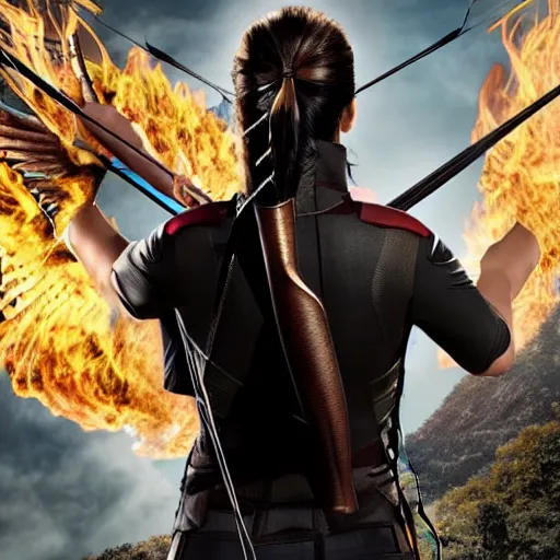 Image similar to Katniss action pose, view from behind looking over shoulder, quiver on back, firing an arrow, comic book cover style