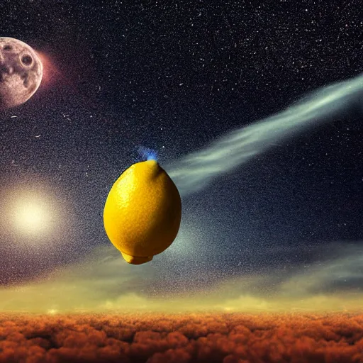 Image similar to lemon hurtling through space flying to the moon, milky way galaxy in the background, comet trail, digital art, highly detailed, cinematic, dramatic lighting