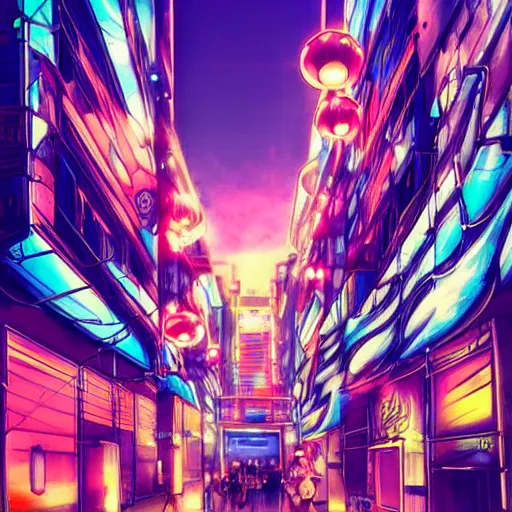 Image similar to beautiful anime graffiti on a wall in a cyberpunk city, happy mood, futuristic, neon, high detail, golden light, realistic