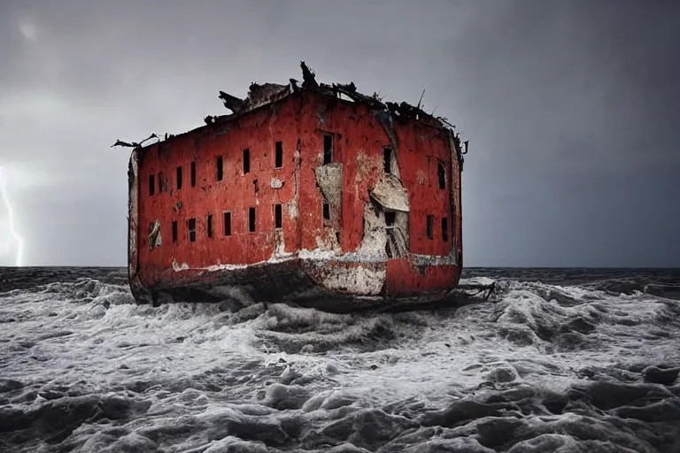 Image similar to high key lighting, lighting storm, danila tkachenko, shipwreck, photograph of an abandonet soviet building bloc in the middle of the ocean, big waves