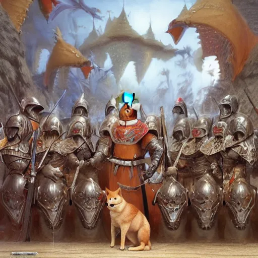 Image similar to anthropomorphic shiba inu is, army of knights wearing armor, anthropomorphic shiba inu medieval banquet, stuning fantasy 3 d render, masterpiece, glowing aura, by donato giancola and greg rutkowski and wayne barlow and zdzisław beksinski, realistic face