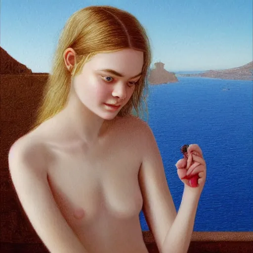 Image similar to Elle Fanning in Santorini, head and shoulders portrait, extremely detailed masterpiece, illustration, by Michael Sowa,