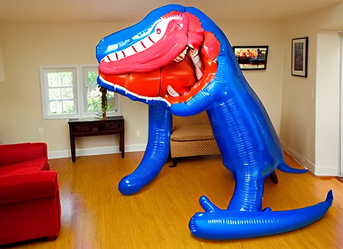 Image similar to Tyrannosaurus Rex doll being inflated to fill the living room. T-rex balloon growing to life size. Air pump, air hose, air nozzle, air tank.