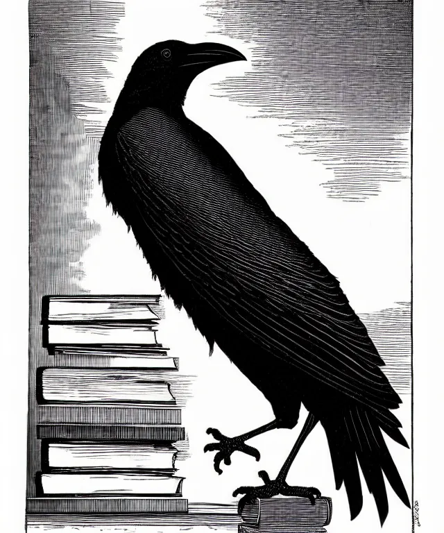 Image similar to crow perched on top of a stack of books, art by james o barr and albrecht durer, woodblock print, engraved, black and white, vector, vector art