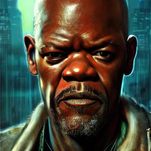 Prompt: samuel jackson, armitage, closeup portrait of a shaggy badass cyberpunk ex soldier with a scar in his face, sunset, neuromancer, cyberpunk city background, megacity, gorgeous view, depth, painted by seb mckinnon, high detail, digital art, painted by greg rutkowski, trending on artstation