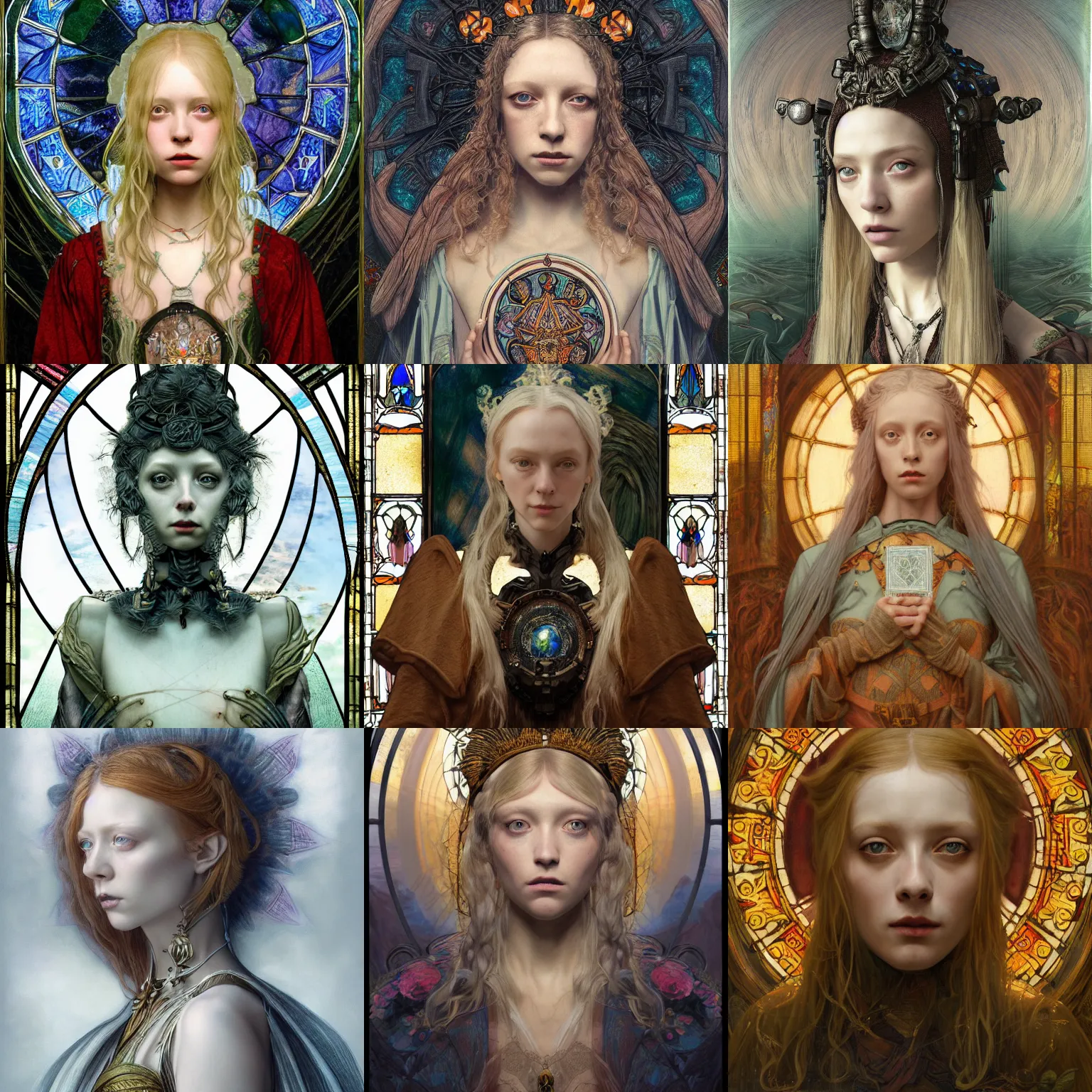 Prompt: masterpiece head-on symmetrical centered portrait, Portia Doubleday as a Gothic Warrior, blonde hair, gothic stained glass style, tarot card style, elegant, distant, in the style of Edgar Maxence and Ross Tran and Zdzisław Beksiński and Michael Whelan and Mucha and Gustave Doré, specular highlights, 8k, octane render
