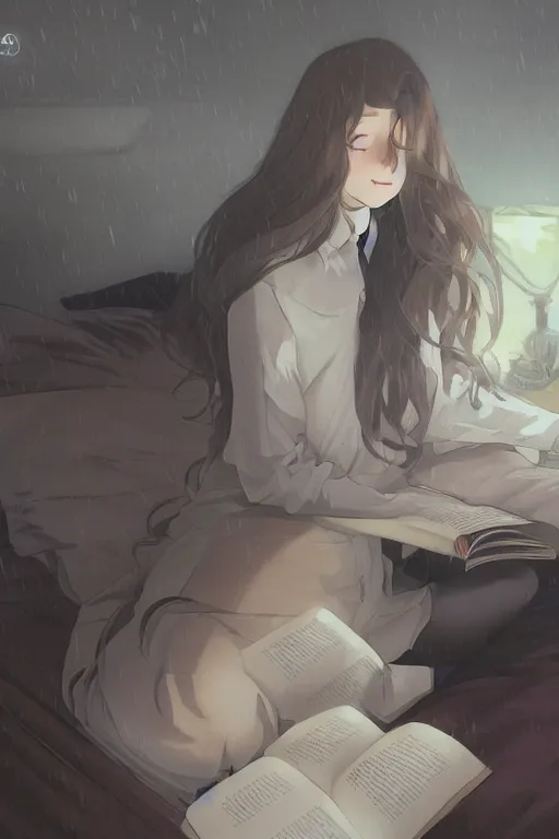 Image similar to a girl in a jk uniform outfit in the bedroom reading a book in a night, raining outside the window, dark and grey theme ， wavy white long hair, by krenz cushart and mucha and akihito yoshida and greg rutkowski and makoto shinkai, detailed eyes, 4 k resolution