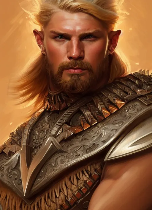 Image similar to symmetry! portrait of barbarian man, short blond hair, d & d, muscular!! angry!!! armour, fantasy, intricate, elegant, highly detailed, digital painting, artstation, concept art, smooth, sharp focus, illustration, art by artgerm and greg rutkowski and alphonse mucha