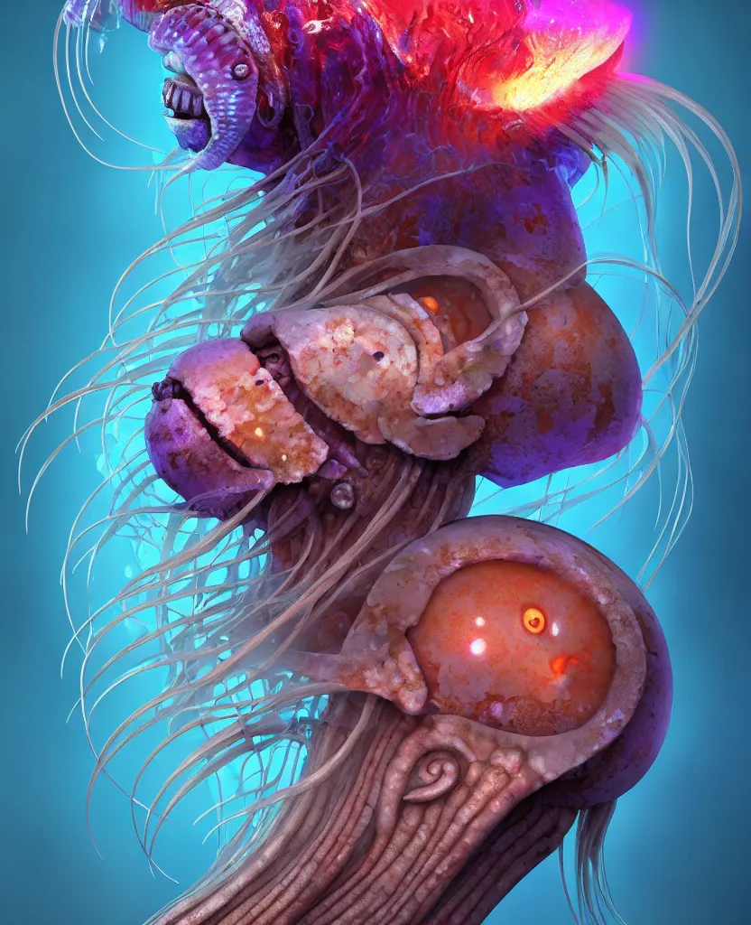 Image similar to goddess close-up portrait ram skull. jellyfish phoenix head, nautilus, orchid, skull, betta fish, bioluminiscent creatures, intricate artwork by Tooth Wu and wlop and beeple. octane render, trending on artstation, greg rutkowski very coherent symmetrical artwork. cinematic, hyper realism, high detail, octane render, 8k