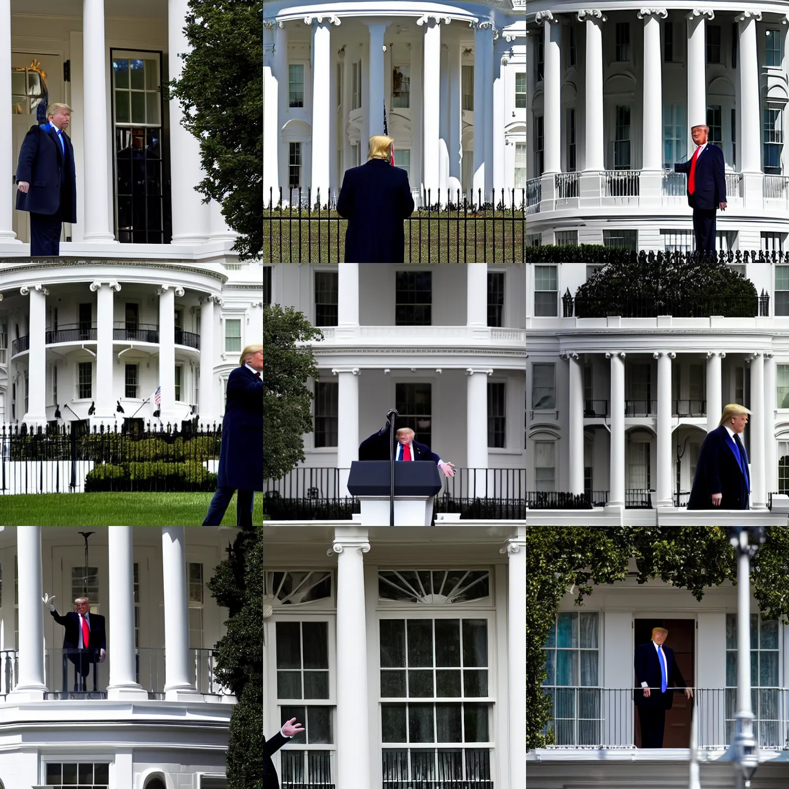 Prompt: trump standing outside the white house, pointing to an upstairs window where melania watches us from, 4k, photo