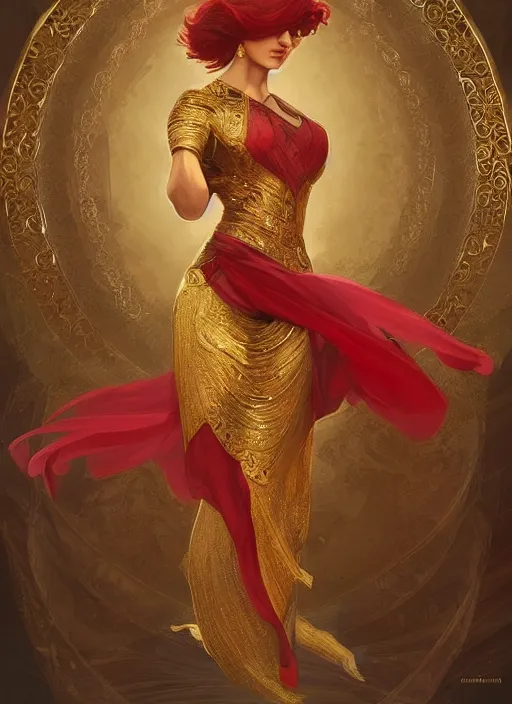 Image similar to !! fullbody!! dynamic movement pose, beautiful woman with red hair, byzantine noble, gold jewellery, dnd, face, fantasy, intricate, elegant, highly detailed, digital painting, artstation, concept art, smooth, sharp focus, illustration, art by artgerm and greg rutkowski and alphonse mucha