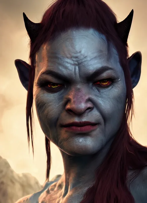 Image similar to A fantasy comic book style portrait painting of a shaman female orc in a atmospheric dark fortress, unreal 5, DAZ, hyperrealistic, octane render, RPG portrait, ambient light, dynamic lighting