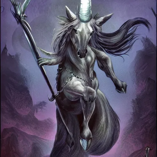 Prompt: an evil stabby unicorn, fantasy art