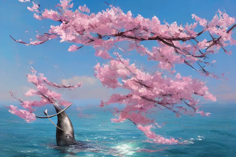 Image similar to narwhal jumping out the sea, sakura trees, sakura season dynamic lighting, landscape, artwork by jeremy lipkin and giuseppe dangelico pino and michael garmash and rob rey and greg manchess and huang guangjian and makoto shinkai, pixiv, 1 0 0 mm