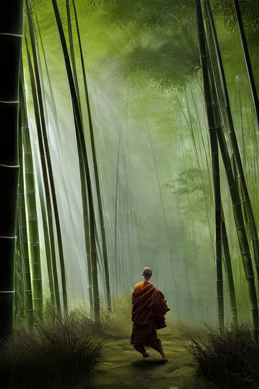 Prompt: a komuso monk in a mysterious japanese bamboo forest with light shafts, atmospheric lighting, by greg rutkowski, ultra realistic, concept art, intricate details, highly detailed, photorealistic, octane render, 8 k, unreal engine