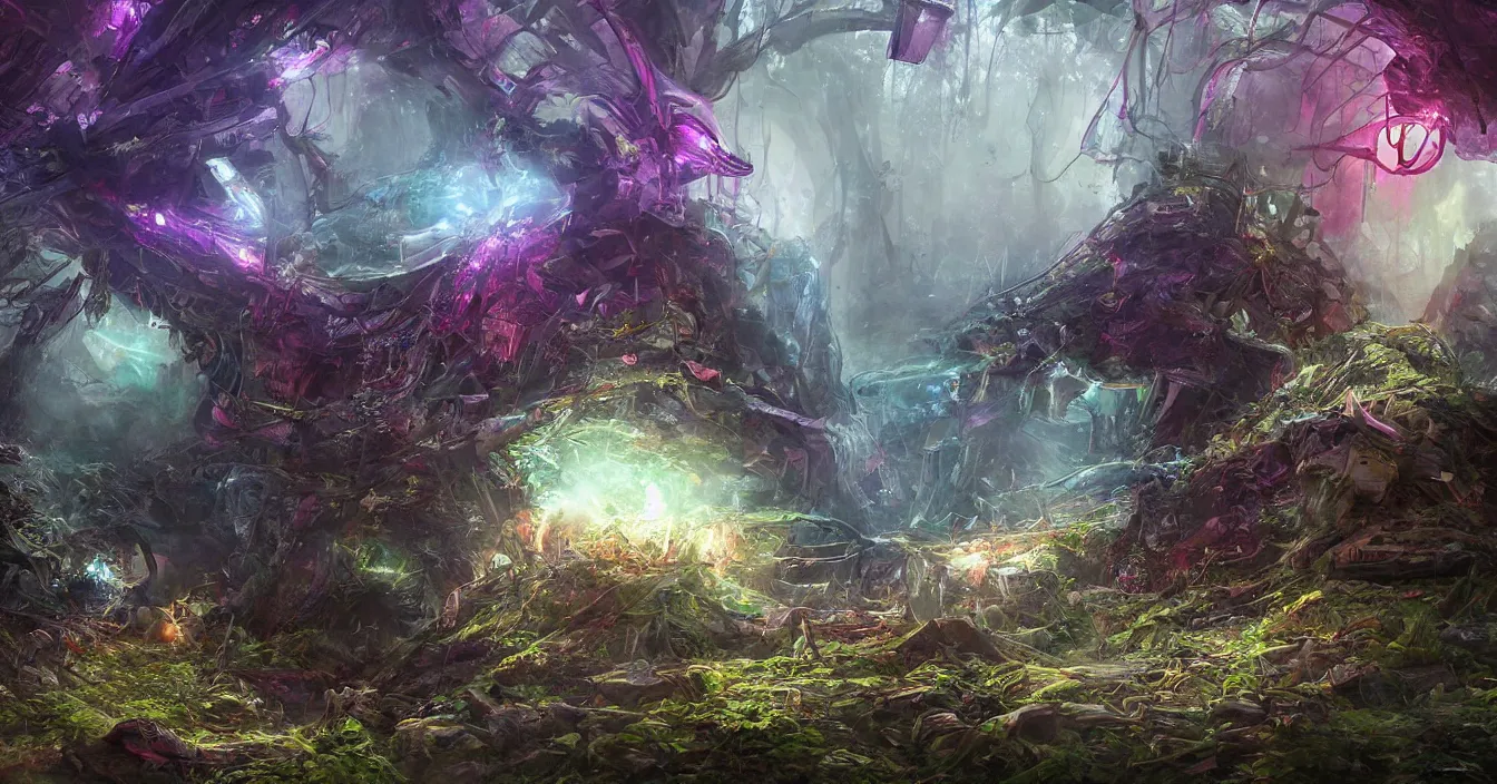 Prompt: futuristic archaeologists are excavating buried alien nest hidden in deep dark rainy forest, deep sense of horror atmosphere, visual fidelity and plasticity, colorful digital art, vivid colors, in style of fenghua zhong