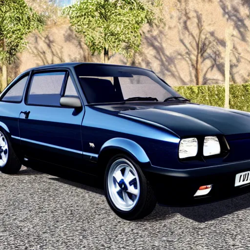 Image similar to ford escort modified navy blue, highly detailed, 8 k, masterpiece, super resolution.