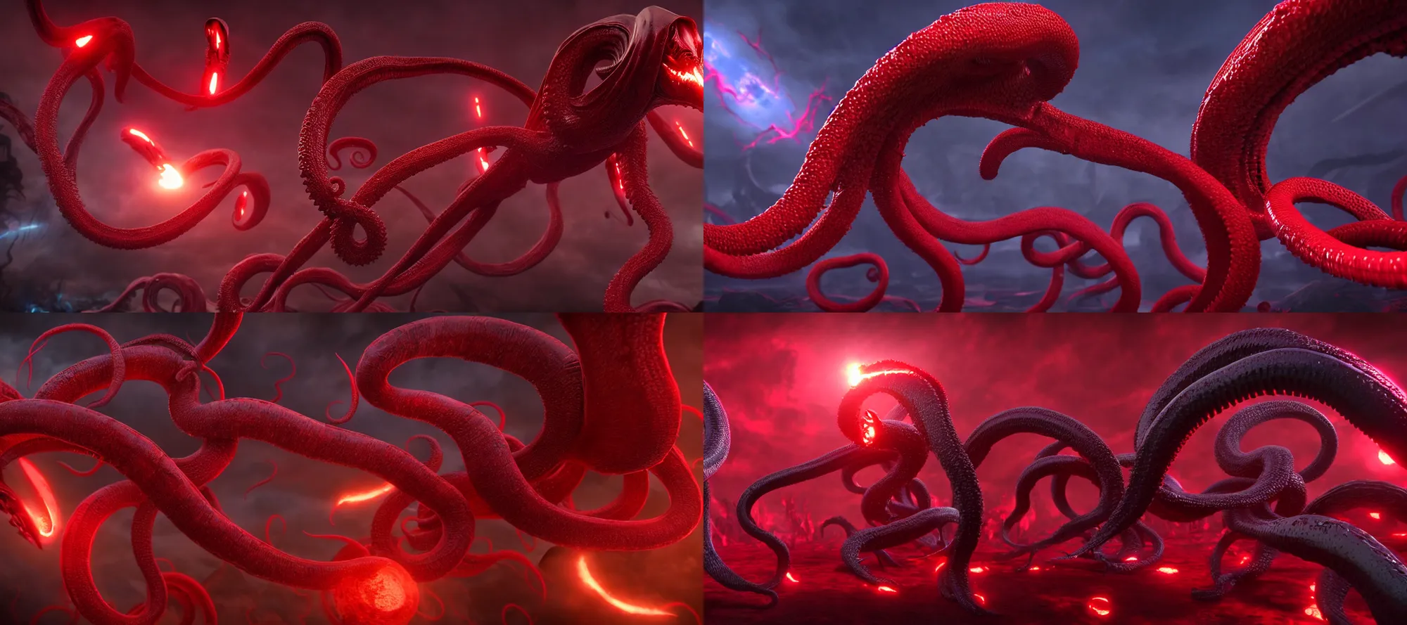 Prompt: Tentacle Alien battle, crimson war, 8k, high detail, high res, red shift render