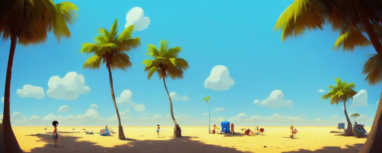 Image similar to painting by goro fujita!! bright blue illustration of a beach horizon with clouds and one palm tree in the style of goro fujita, sharp focus, highly detailed, artstation