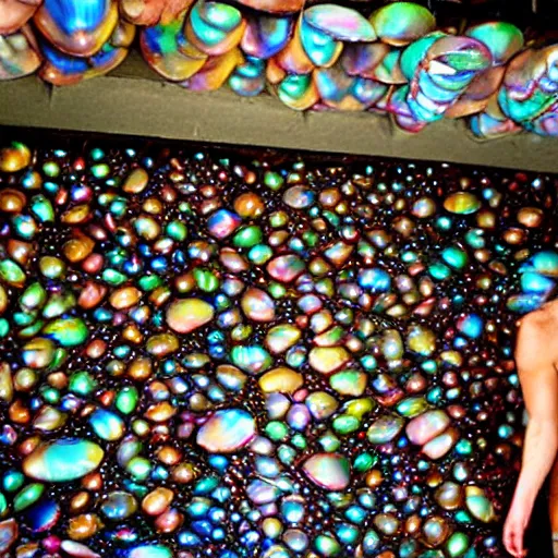 Image similar to a human standing in his garage, covered with iridescent bodypaint, shells and barnacles, 2 0 0 7 motorola cell phone pic